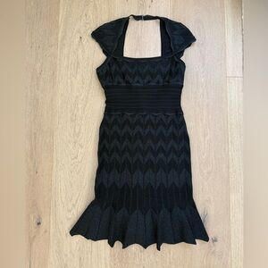 Herve Leger Luxury Iconic black Off Shoulder Bandage Dress Flared Hem (M)